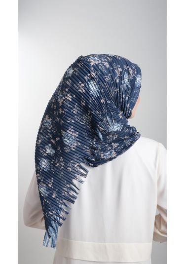 Lacivert-vizon Pratik Hazır Geçmeli Tesettür Eşarp Kesik Elyaf Piliseli Çiçek Desenli 1818d6 210