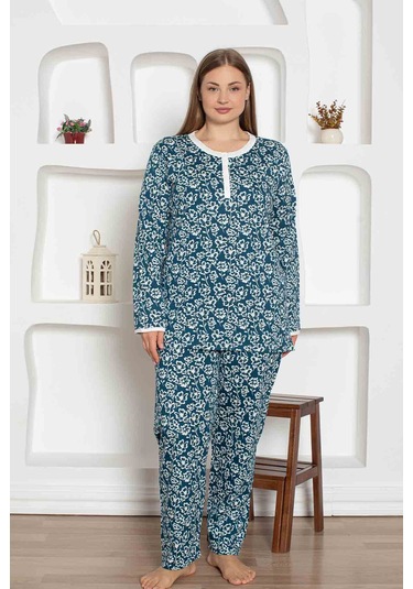 Kadın Çiçek Desen Bisiklet Yaka 3 Düğmeli %100 Pamuk Penye İnce Yazlık Uzun Kol Pijama Takımı İndigo Kadın Çiçek Desen Bisiklet Yaka 3 Düğmeli %100 Pamuk Penye İnce Yazlık Uzun Kol Pijama Takımı İndigo