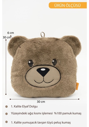 Mordesign Peluş Ayı Yastık, Sevimli Ayı Nakışlı Kırlent, Peluş Ayı Oyuncak, Bebek Yastık, Morbear Serisi Kahverengi