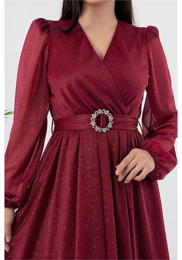 Neşeli Butik Kadın Kemer Ve Vatka Detaylı Simli Midi Elbise Rymy3590 Bordo
