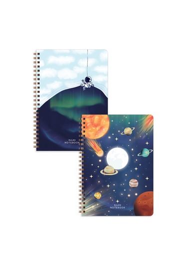A5 Spiralli Karton Kapak 2 Li Set Çizgili Okul Defteri 80 Yaprak, Ders Programlı Galaksi
