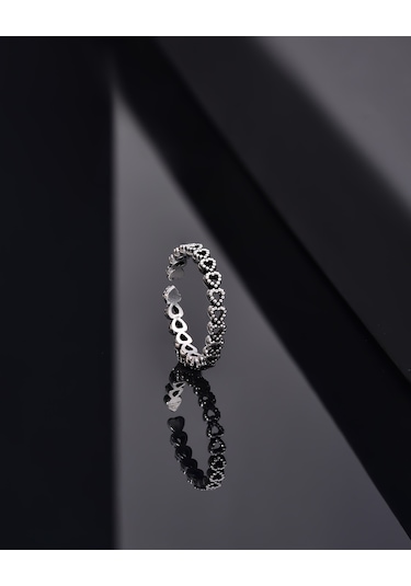 925 Ayar Oksitli Sıralı Tamtur Kalp Ayarlanabilir Gümüş Yüzük Gümüş