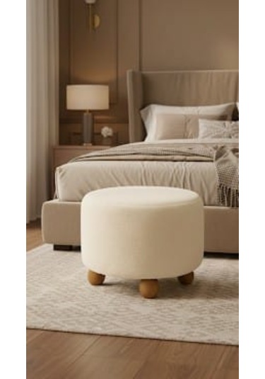 Polo Peluş 45 X 45 Cm Doğal Gürgen Topuz Ayaklı Çok Amaçlı Puf Koltuk Bej - Beyaz