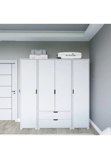Duru Mat Beyaz 4 Kapılı 2 Çekmeceli Elbise Dolabı - Gardırop Seti Beyaz