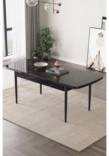Lamina Siyah Mermer Sunta 80x132 Ahşap Ayaklı Açılır Mutfak Masası, Yemek Masası, Salon Masası Siyah Mermer Desen