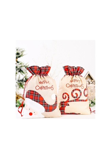 Fortunelane Noel Hediyesi: Kırmızı Kumaş Santa Desenli 55x38cm Çantacı - Çok Renkli, 1 Adet/ Çok Renkli