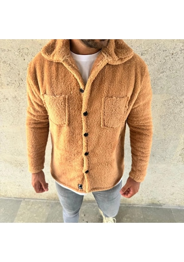 Erkek Pelüş Polar Hırka Gömlek Yakalı, İlik Düğmeli, Göğüs Cepli, Yumuşak Dokulu Kışlık Regular Fi Açık Kahve