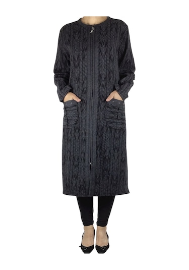 Kadın Önü Fermuarlı Üstten Cepli Kalın Kap Siyah