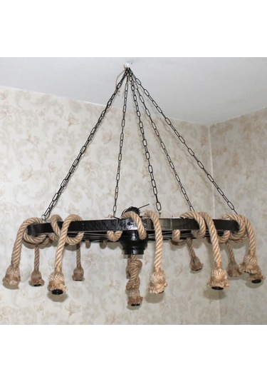 Otantik Çarşı Ahşap Halatlı Teker Avize 100 Cm. 13'lü Serbest Sarkıtlı