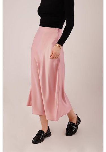 Çan Kesim Midi Pembe Saten Etek Pembe