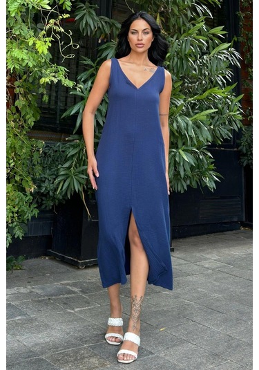 Lacivert V Yaka Uzun Salaş Elbise Lacivert