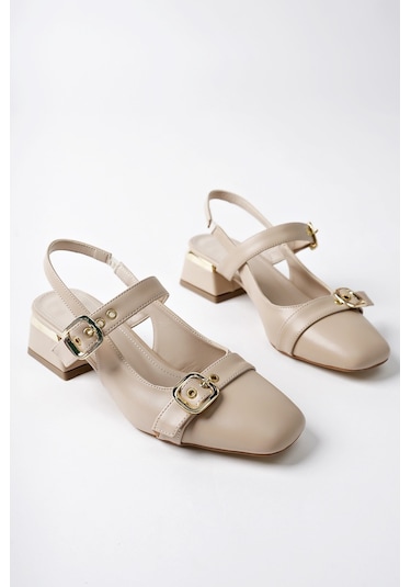 Muggo Yuqi Arkası Açık Küt Burun Çift Kemerli Kadın Günlük Klasik Kısa Topuklu Ayakkabı Bej