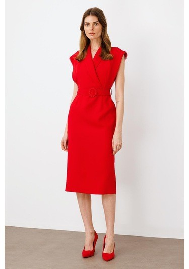 Moda İlgi Kadın Kol Ağzı Boncuk Aksesuar Detaylı Elbise 0015 Kırmızı Kırmızı