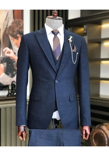 İtalyan stil slim fit erkek ceket yelek pantolon takım elbise lacivert T9118-Lacivert
