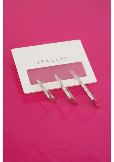 Byzeynaaksesuar Kadın Özel Tasarım Zirkon Taşlı 3'lü Minimal Küpe 0019 Çok Renkli