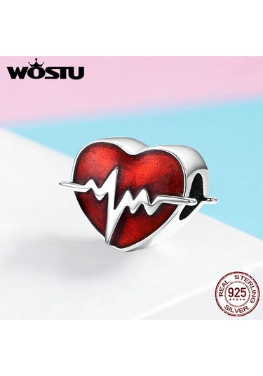 Wostu 925 Ayar Gümüş Kalp Atışı Kalp Boncuk Kırmızı Emaye Charms Fit Orijinal Bilezik Kalp Charm Gümüş