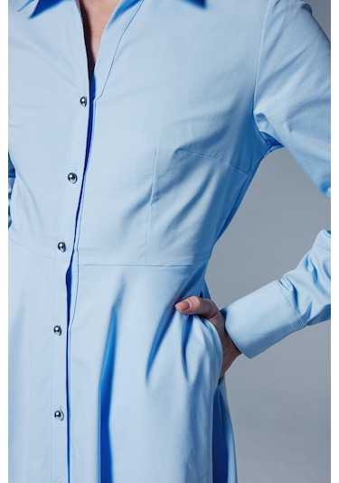 Sateen Uzun Düğme Detaylı Elbise - Mavi-137084 Mavi