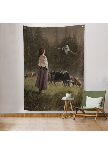 Süpürgeli Cadıya Özenen Kız Dekoratif Duvar Örtüsü - Halısı -6185
