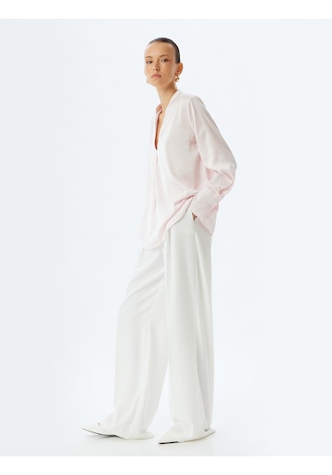Koton Saten Bluz Hakim Yaka Manşetli Uzun Kollu Pudra 5wak60171uw Pudra
