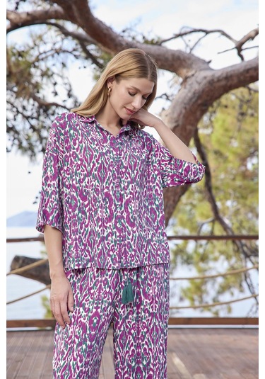 Monamise Kadın Desenli Önü Düğmeli Gömlek Yaka Alt Üst Takım 25017 Yeşil