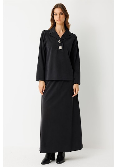 İri Düğmeli Etekli Takım Siyah Siyah