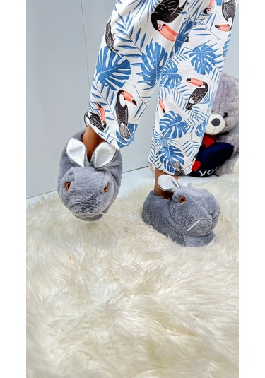 Kadın Panduf Tavşan Figürlü Peluş Ev Botu Desenli Düz Taban Rahat Hafif 359 Gri