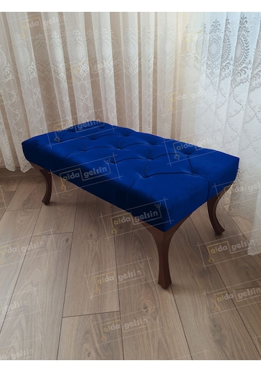 Kapitoneli Ayak Ucu Kapı Önü Antre Bench Puf Ceviz Ayak 110 45 Lacivert