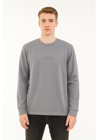 Erkek Slim Fit Uzun Kol Sıfır Yaka Sweatshırt-7390 Gri