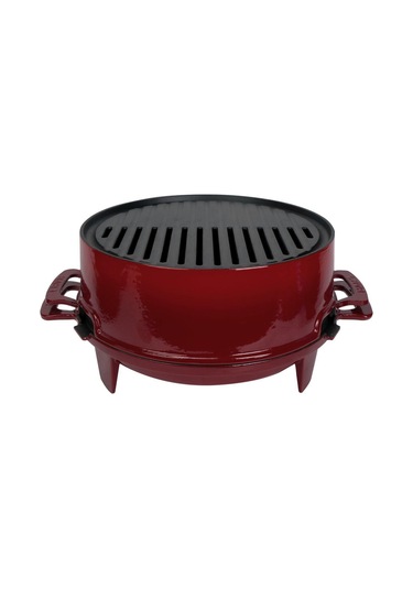 Lava Döküm Yuvarlak Mangal Izgara Set Döküm Demir Yekpare Çift Kulplu Çap Ø 36cm. Bordo