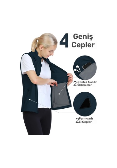 Userfriendly11 Lacivert Kadın Kolsuz Polar Yelek, Rüzgar Geçirmez Fermuarlı Hafif Dış Giyim Lacivert