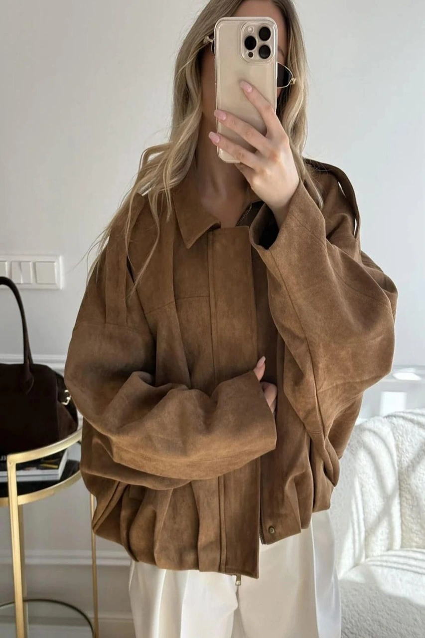 Prifaldi Süet Görünümlü Bomber Ceket Kahverengı