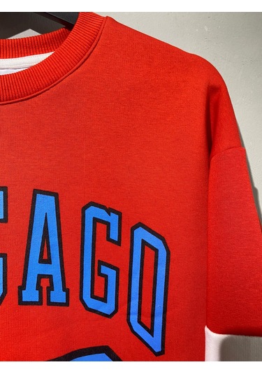Erkek Kırmızı Unısex Oversize Chicago 23 Baskılı Polarlı Sweat Kırmızı