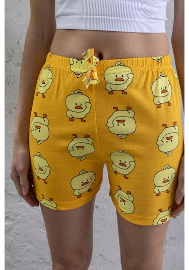 Giysa Kadın Beli Lastikli Desenli Şort Pijama Altı Sarı - 2027 Sarı