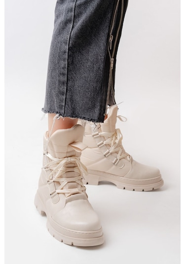 Asm-083 Bej Bağcıklı Su Geçirmez Kadın Kar Botu Beyaz