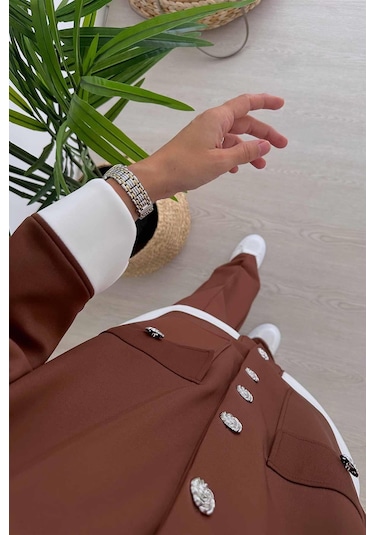 Zarif Düğme Detaylı İkili Scuba Takım - Kahverengi Kahverengi