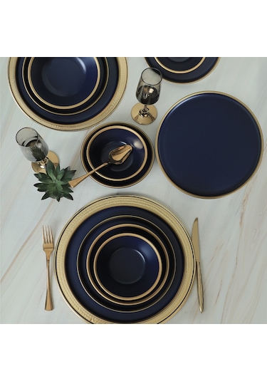 Keramika Mat Lacivert Gold Fileli Yemek Takımı 24 Parça 6 Kişilik