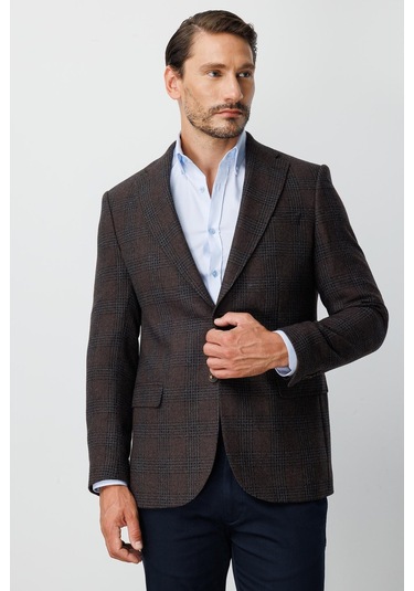 Erkek Kahve Regularfıt / Rahat Kalıp Mono Yaka Ceket-20010 Kahverengi