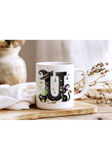 U Harfli Halloween Kedili Figür Kupa Bardak - Şapkalı Ve Kazanlı İsme Özel Kupa - Hediye 07 Beyaz