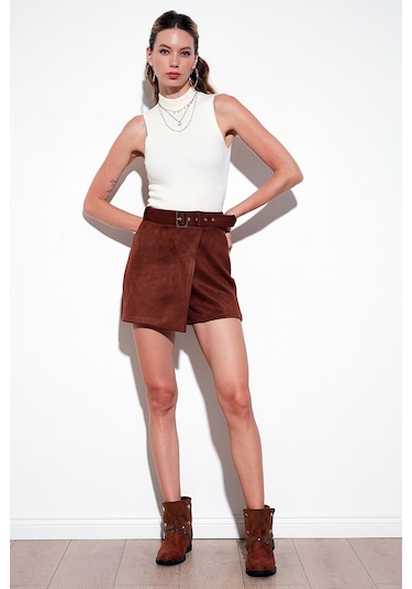 Lela Kışlık Regular Fit Asimetrik Kesim Fermuarlı Bayan Şort Etek 5865973 Taba