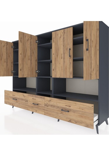 Hyperion Dolap 12 Raflı 3 Çekmeceli 5 Kapaklı 220x44x163 Antrasit Antrasit-çam