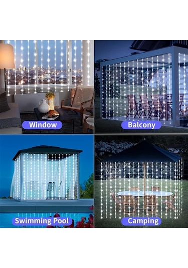 Gateesat 1 Adet 9.8ft Solar Perde Işık 8 Desenli 300 Led Beyaz Bahçe Dekor Beyaz