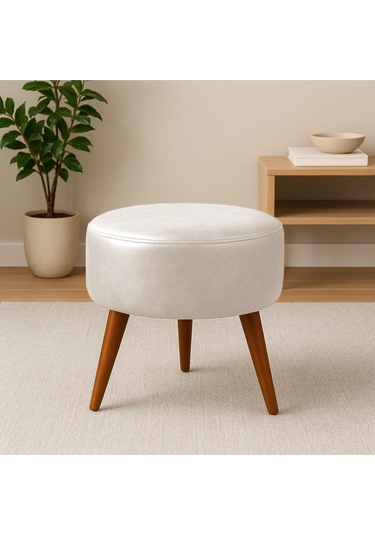 Krem Deri Puf Demonte Ayaklı Modern Oturma Ve Dekoratif Sehpa KREM
