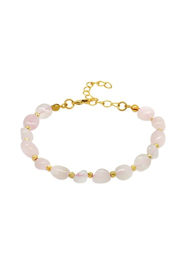 Gold Renk Metal Zincirli Dorika Top Süslemeli Amorf Pembe Kuvars Doğaltaş Kadın Bileklik Pembe