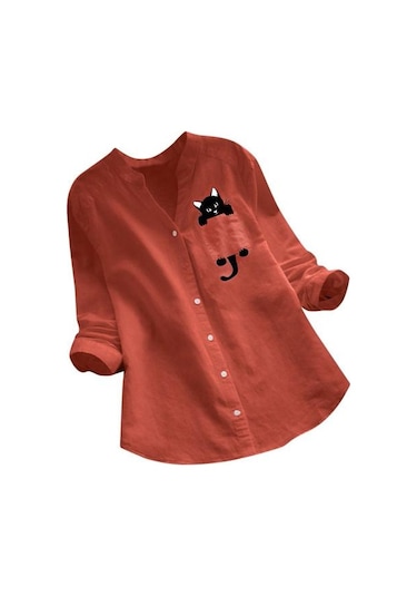 Kiremit Kadın Üst Uzun Kollu Gevşek Sevimli Şık Baskılı Günlük Giyim İçin Rahat Kesim Gömlek Kiremit