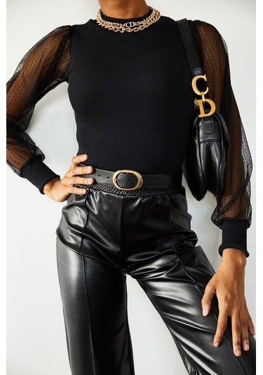 Kadın Siyah Kolu Tül Detaylı Yarım Balıkçı Kaşkorse Bluz 6160 Haki