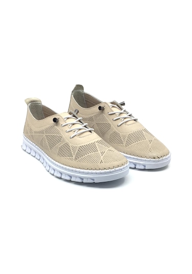 Taşpınar %100 Hakiki Deri Kadın Ortopedik Yazlık Günlük Akıllı Lastik Bağcıklı Ayakkabı 36-41 Bej