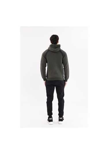 Yan Panel Detaylı Fermuarlı Kapüşonlu Üst Ve Cepli Alt İki Parça Spor Eşofman Takımı Haki
