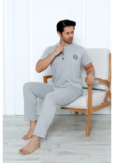 Yüksek Kaliteli Pamuk Penye: Erkekler İçin Mevsimlik 3 Parça Kısa Kollu Pijama Takımı Babalar Günü Hediyesi Gri
