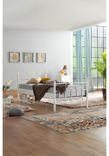 Lalas Tek Kişilik Ferforje Metal Karyola-beyaz Ahşap Latalı