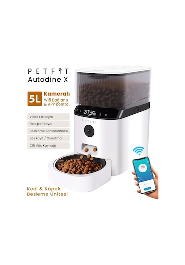 Petfit Autodine X 5l Wi-fi Kameralı Akıllı Otomatik Kedi Köpek Mama Kabı Besleme Ünitesi Sesli Komut+çelik Kase+app Kontrol